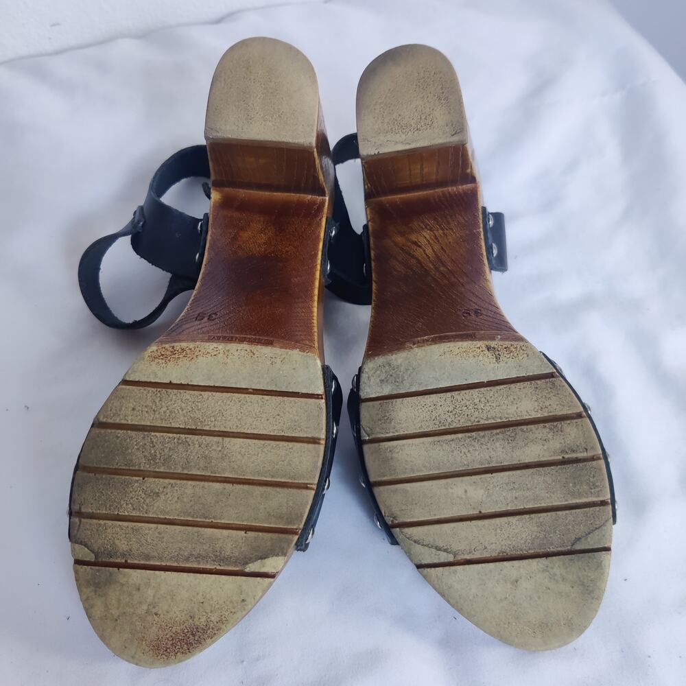Miz Mooz NYC Wooden Block Heel Studded Black Leather Sandals Size 8 Scandi Girl - Picture 9 of 12